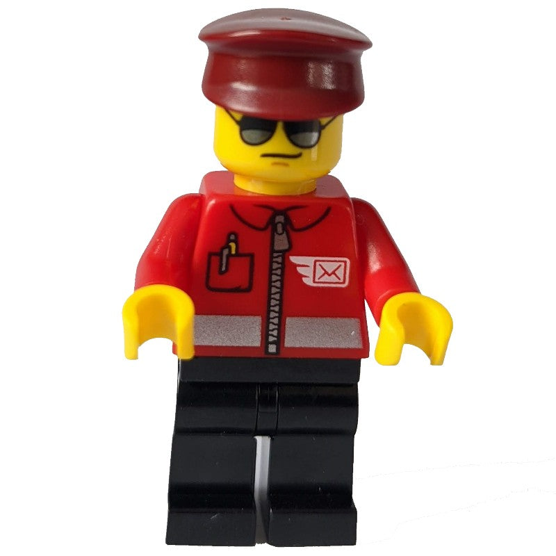 Post Office - Airmail Letter Logo and Red Jacket with Zipper, Dark Red Hat, Black Legs, Sunglasses